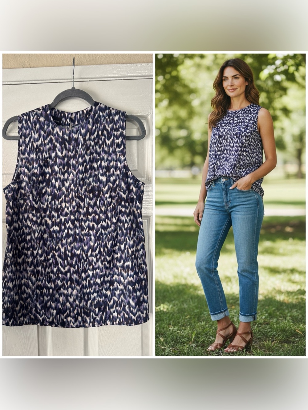 Fortune + Ivy Sleeveless Putple and White Printed Blouse, Medium